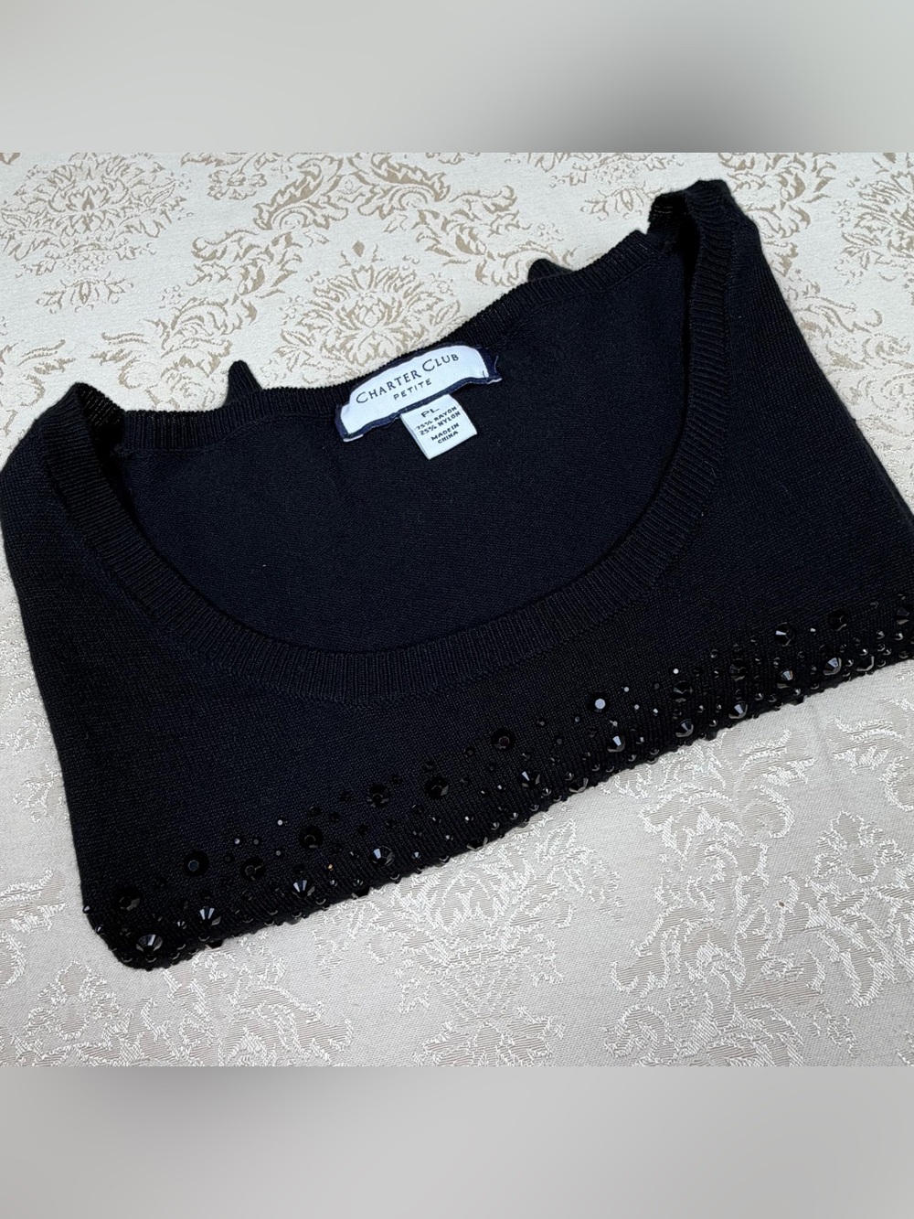 Charter Club Black Petite Scoop Neck Sweater with Bead Trim PL Fancy